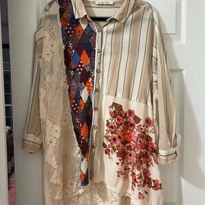 We The Free Patchwork Button-Up Shirt with Floral and Geometric Patterns